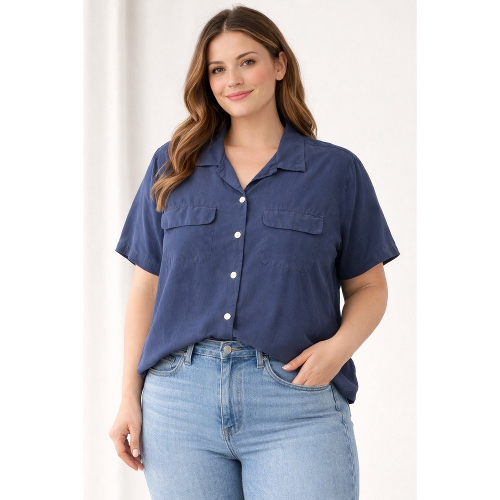 Croft‎ & Barrow Woman Navy Blue Silk Short Sleeve Button Shirt 20W quiet luxury